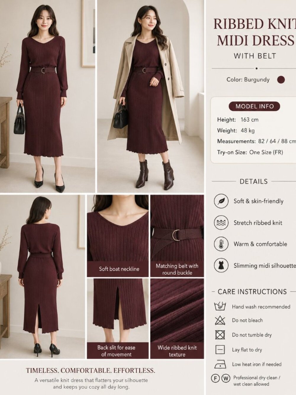 Free's Mart Burgundy Ribbed Knit Midi Dress Set with Belt | One Size